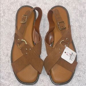 NWT Lottini Tan Gold Leather Cross-Strap Sandals size 9